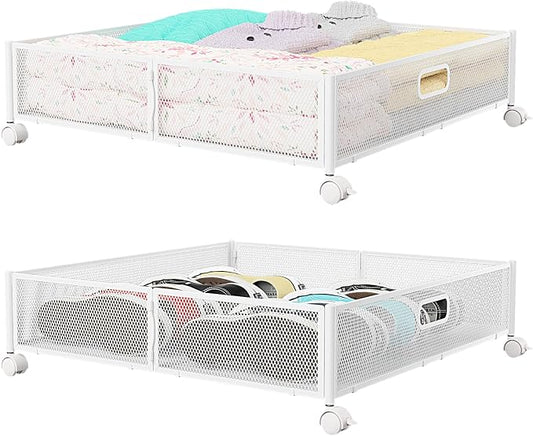 PHINOX Under Bed Storage with Wheels & Handle,Metal,Large,2 Pack,White | Tool-free assembly, glide smoothly, easy reach, foldable, maxmazie low-profile beds, dorm, keep seasonal clothes, shoes fresh