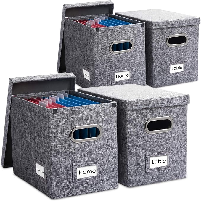 File Organizer Box - Set of 4 Collapsible Decorative Linen Filing Storage Hanging File Folders with Lids Office Cabinet Letter Size Grey (14x9.3x10.8 inch)
