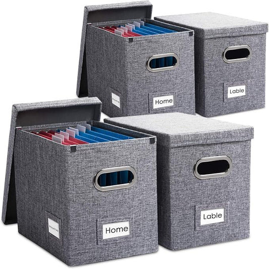 File Organizer Box - Set of 4 Collapsible Decorative Linen Filing Storage Hanging File Folders with Lids Office Cabinet Letter Size Grey (14x9.3x10.8 inch)