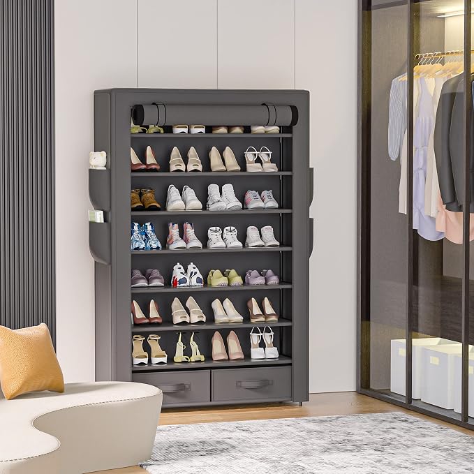 OYREL Dustproof Shoe Rack with Cover Two Bins 32 Pairs Storage Organizer | Closet Cabinet Large Free Standing Shoe Racks Vertical Shoe Shelf Tall Vertical Boot Holder Stand