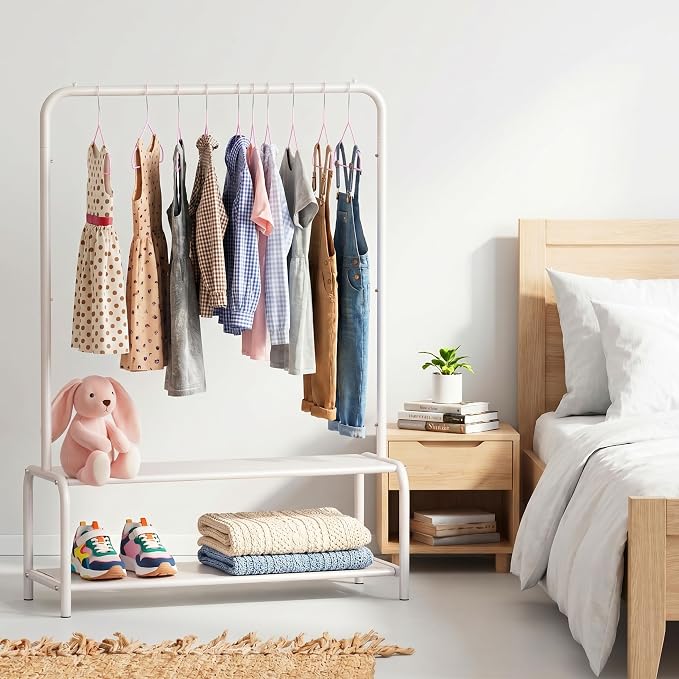 Simple Houseware Kids Freestanding Clothing Garment Rack with Shelf, White | With 600D Fabric Shelves & Hanger Stoppers