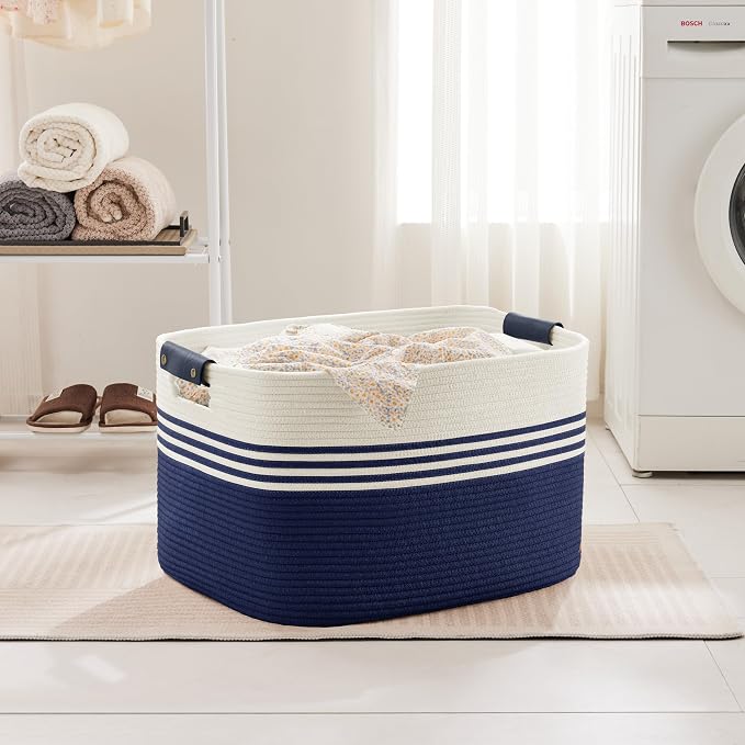 100L Large Woven Laundry Basket Hamper with Leather Handles,Navy | collapsible wicker hamper, storage for dirty clothes, toys, blankets, gifts, living room, bedroom, bathroom, 24"x16"x16"