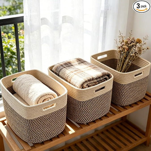 3 Pack Woven Baskets,Storage Baskets for Shelves with Handles | 13.5"×11"×9.5", Closet Baskets, Nursery Organizer for Toys Towels Books, Storage Bin for Living Room Bedroom (Jute & Black)