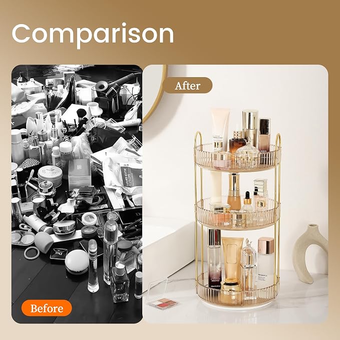Aveniee Rotating Makeup Organizer for Vanity, Premium Solid Metal Pole Sturdy Construction, Perfume Storage for Bathroom Countertop, Clear Spinning Counter Shelf Cosmetic Holder for Dresser,Gold