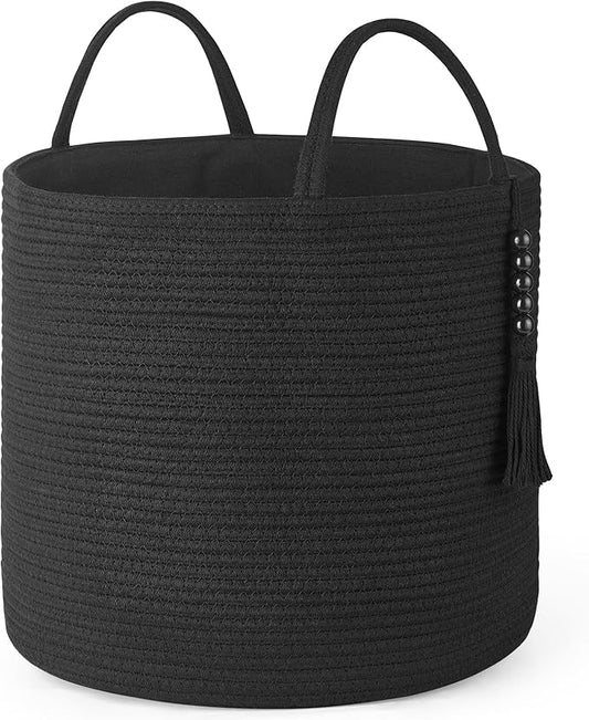 Mkono Woven Storage Basket for Blanket, Toys Plant Organizer, 16"W x 13.8"L | Black, Cotton, Decorative Basket with Handle, Wood Beads Tassel, Shoes Clothes Storage Bin, Living Room Bedroom Nursery
