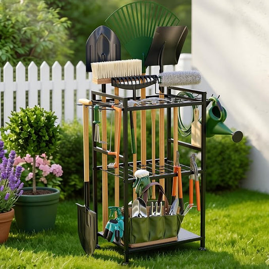 SPACECARE Garden Tool Organizer with Feet, Yard Tower Rack for Garage Organization and Storage, Up to 35 Long-Handled Tools/Rakes/Brooms, Heavy Duty Steel Garden Tool Stand for Shed, Outdoor, Black