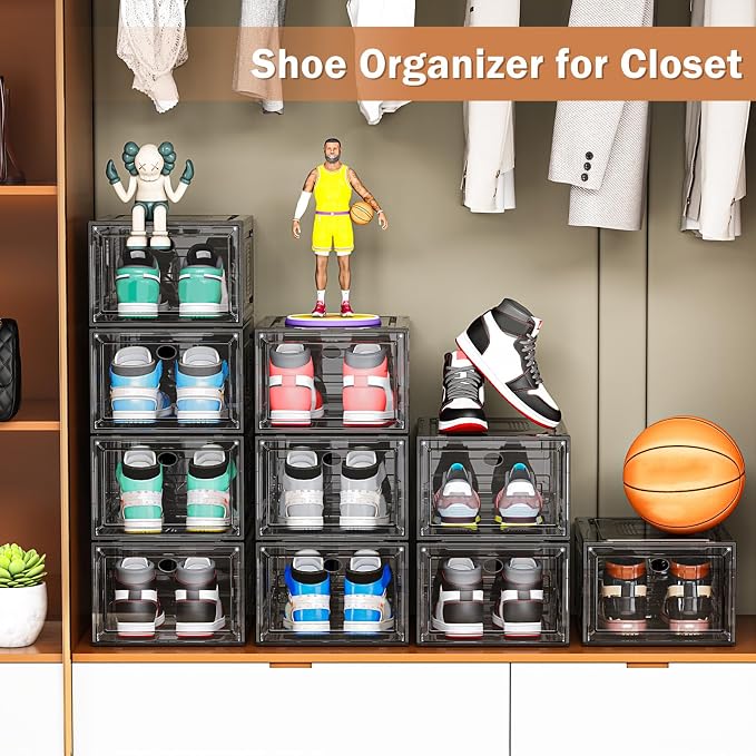 10 Pack Shoe Organizer Stackable | Upgraded Sturdy Shoe Storage Box with Magnetic Door,Shoe Containers For Sneaker Display,Hat Organizer,Black