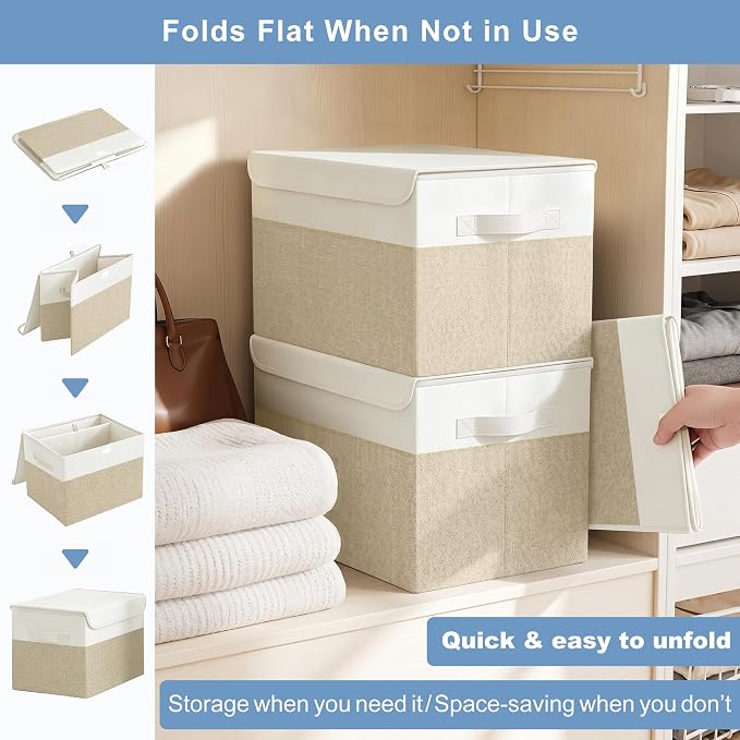 Bagnizer Large 17" 42 Quarts Collapsible Stackable Storage Bins with Lids [3-Pack] Foldable Fabric Linen Storage Boxes Cube, Closet Organizer Baskets with Label (16.7 x 12 x 12, Beige & White)