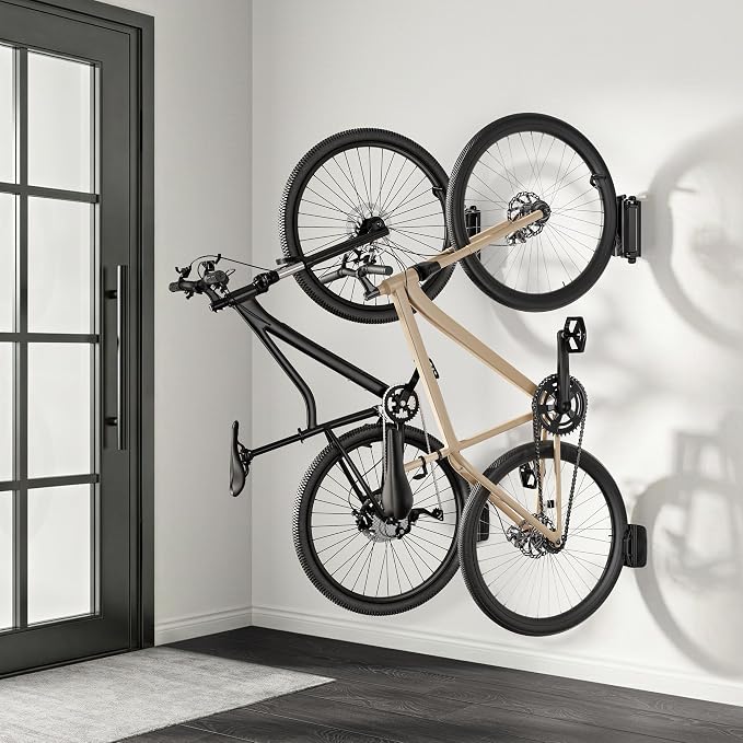 Bike Wall Mount for Garage, Holds 77lbs,Swivel Indoor Bike Storage, 2 Pack | Adjustable 65° angle for space-saving storage. Fits most bikes with tires under 3.15"H/3.5"W. Ideal for garage & entryway.