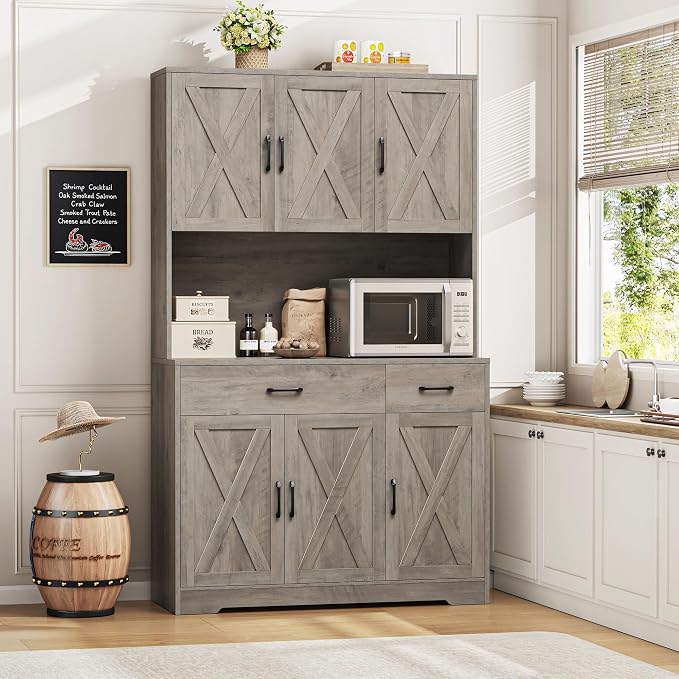 HOSTACK 71" H Kitchen Pantry Storage Cabinet, Farmhouse Hutch Cabinet, Grey | Space-Saving Pantry Cabinet with Charging Station & 2 Large Drawers & Adjustable Shelves, Tall Kitchen Hutch for Dining Room
