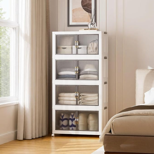 SAILUN 116Gal/464Qt Stackable Storage Bins Folding Collapsible Storage Bins with a Lid, Closet Organizers and Storage,White 26" W x 17" D x 56.7" H