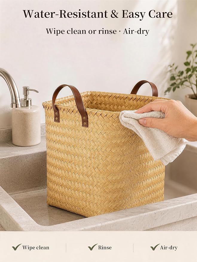Wicker Storage Baskets, 4 Pack Woven Baskets for Shelves, Yellow | PP Rattan, Water-resistant Wicker Basket, Large Baskets with Faux Leather Handles for Blanket, Laundry Organizer, Room Decor