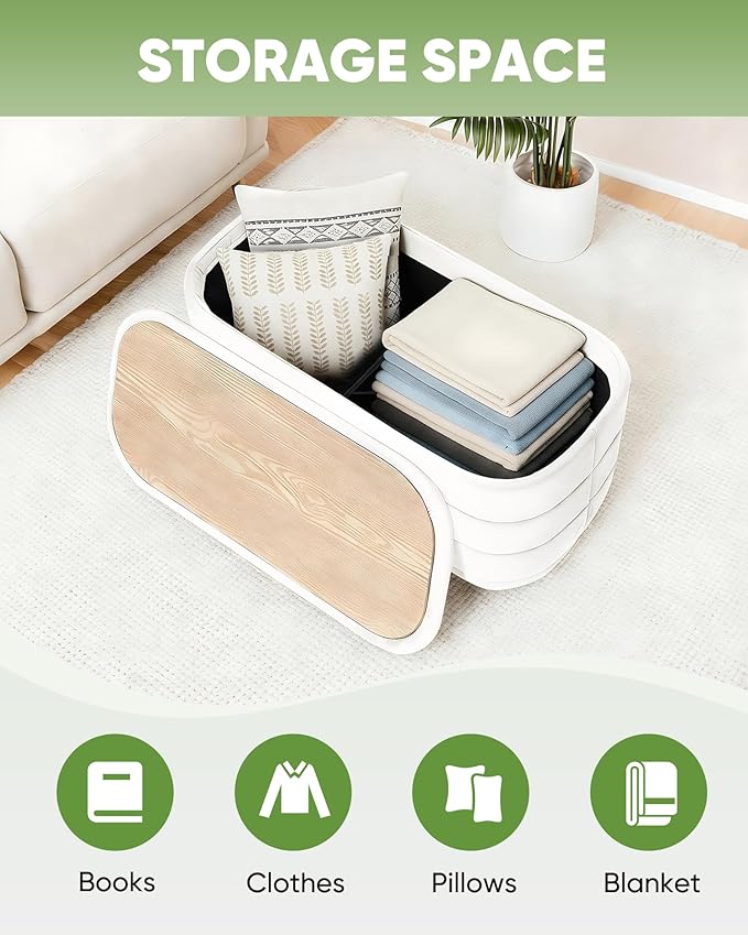 B FSOBEIIALEO Velvet Storage Ottoman with Tray, Folding Ottoman with Storage Coffee Table Shoes Bench for Dorm Room, Living Room White, 30"x15"x15"