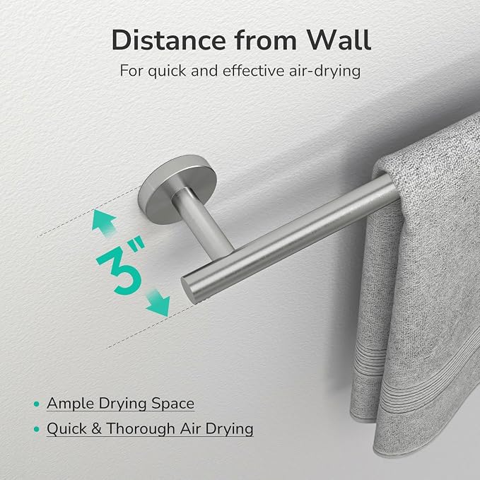 USHOWER Brushed Nickel Hand Towel Bar, 9-Inch Towel Racks for Bathroom | Thicken SUS304 Stainless Steel Towel Rod, Towel Holder Wall-Mounted, Modern Home Decor (Total Length 11-Inch)