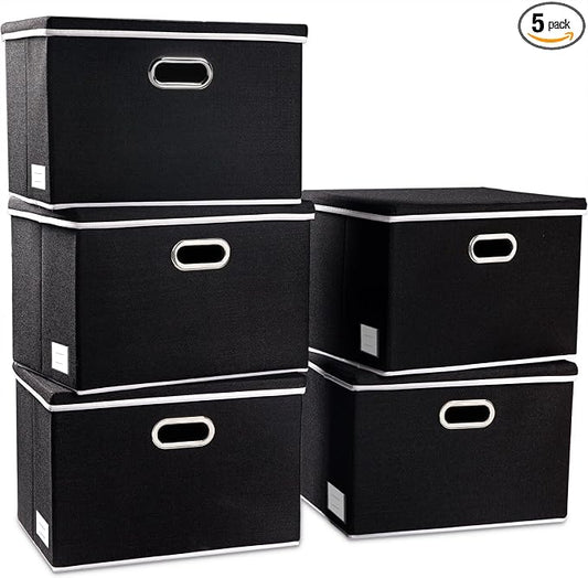 PRANDOM Extra Large Collapsible Storage Bins with Lids [5-Pack] Linen Fabric Foldable Storage Baskets Boxes Organizer Containers Cube with Cover for Bedroom Closet Office Nursery (22.8x15.75x13.8)