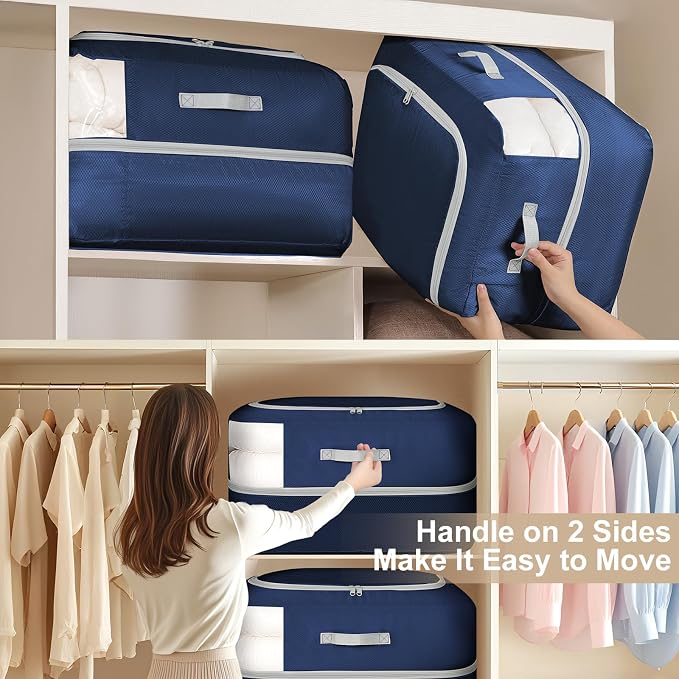 Comforter Storage Bag - 110L Large Capacity Blanket Storage Bags Ultra Space Saving Self Compression Organizer, Washable Compression Bags for Storage Comforter Blanket, 4-Pack, Navy Blue