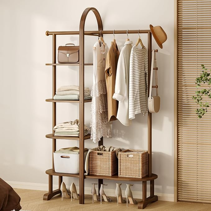 41.3" Wide 3-in-1 Freestanding Clothing Rack, Wooden Coat Rack with 4 Shelves and 5 Hooks, Solid Rubber Wood Coat Rack with Shelves for Entryway, Bedroom, Living Room, Walnut