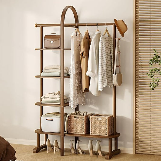 41.3" Wide 3-in-1 Freestanding Clothing Rack, Wooden Coat Rack with 4 Shelves and 5 Hooks, Solid Rubber Wood Coat Rack with Shelves for Entryway, Bedroom, Living Room, Walnut