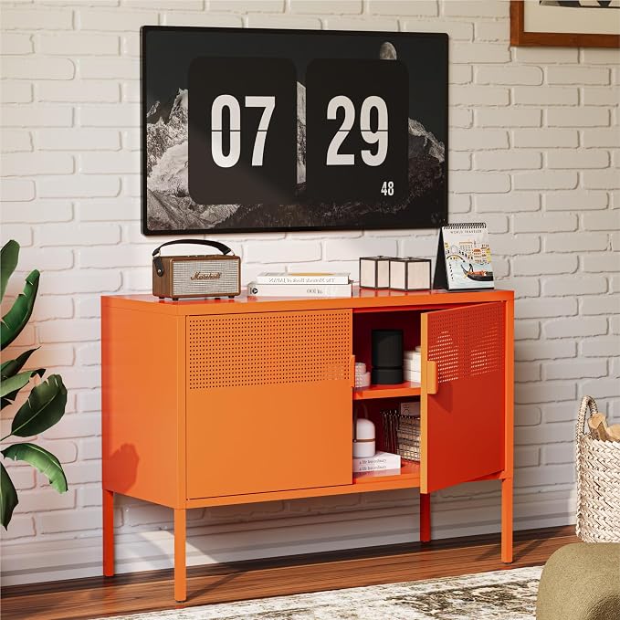 COFaR TV Stand for TVs up to 75 Inch, 40''L Media Console with Ventilation Doors, Metal Entertainment Center with Adjustable Shelves & 120Lbs Storage for Living Room & Bedroom, Orange