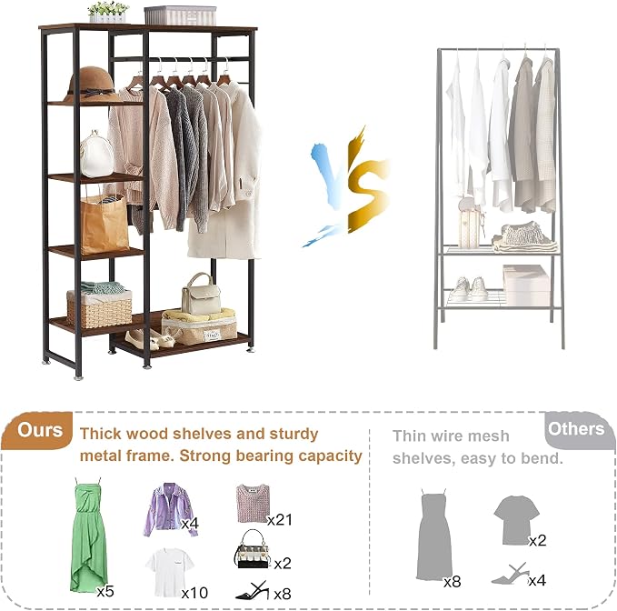 VECELO Open Garment Clothing Rack, Free-Standing Heavy Duty Storage Closet with 5 Shelves and Hanging Rod for Small Spaces, Max Load 350LBS, Brown
