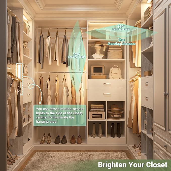 Besiost Closet System with Smart Sensor Lights, 4-8 FT Closet Organizer System with 2 Wooden Drawers and 5 Hanging Rods, Can Fit 60 to 96 inch Built-in Walk-in Closet System, White