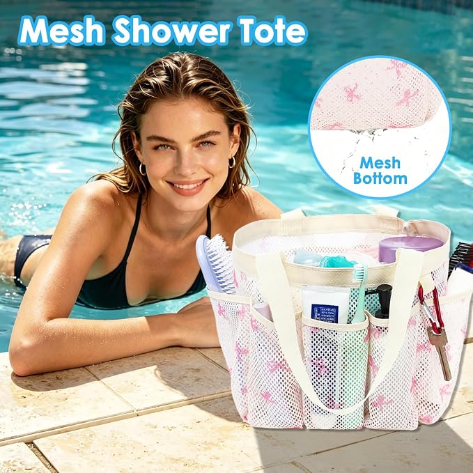 Fammart Mesh Shower Caddy Portable for College Dorm Room Essentials, Odorless Polyester Large Shower Tote Bag with Dual Handles, 8-Pocket Quick-Dry Toiletry Organizer for Travel, Beach, Camping, Gym