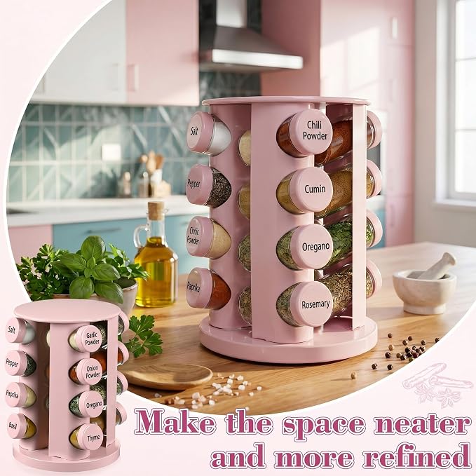 Yungyan Pink Rotating Spice Rack Seasoning Organizer with 16 Empty Jars, Spice Containers Set with Labels and Funnel, Revolving Seasoning Rack for Kitchen Accessories