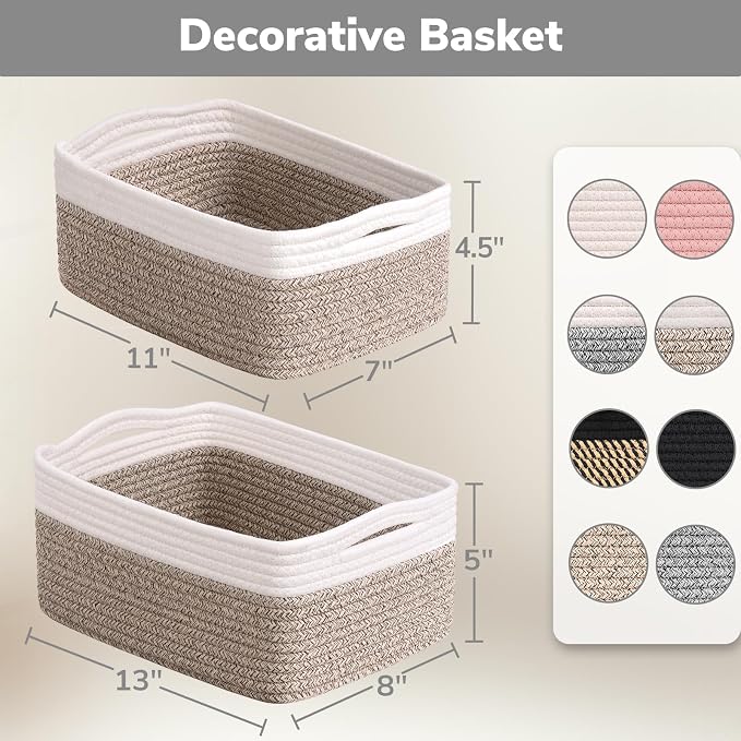 Goodpick 3-Pack Cotton Rope Baskets for Shelves, 13 x 8 x 5 in | Rope Baskets for Shelves, Closet Organizer Bins,Empty Baskets for Gifts, Woven Basket for Living Room, White & Brown