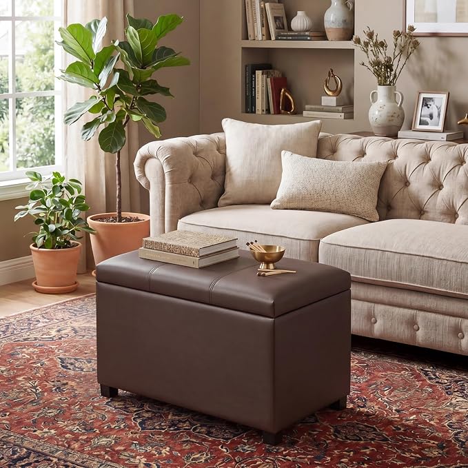 24" Leather Storage Ottoman Bench, Rectangle Foot Rest Stool for Living Room, Bedroom, Entryway, Brown