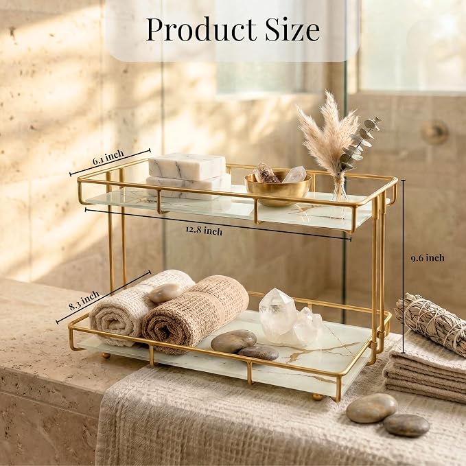2-Tier White Marble Bathroom Countertop Organizer – Glass Shelves & Gold Metal Frame, Elegant Vanity Storage Shelf for Perfume, Skincare, Makeup & Toiletries
