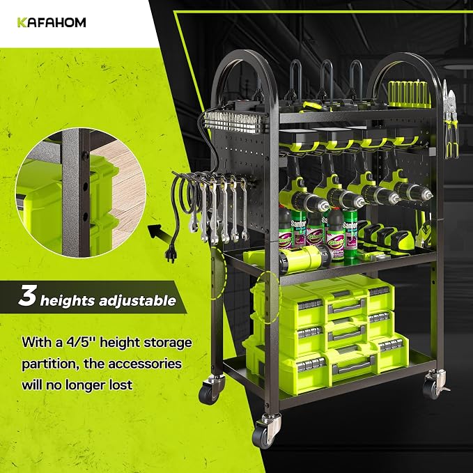 Power Tool Organizer Cart with Charging Station,Garage Floor Rolling Storage on Wheels for Mechanic,Mobile 8 Drill Holder, Utility Cart with Battery Charging 8 Outlet Power Strip