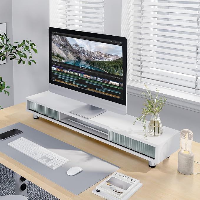 Fenge Dual Monitor Stand with Storage, Desk Shelf with Glass Sliding Door | Ergonomic Height Adjustment, 42.5in Monitor Shelf, 2-Tier Monitor Riser, Desk Organizer for Screen, PC, Laptop, White
