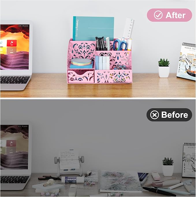 EasyPAG Desk Organizer and Pen Holder for Desk, Mesh Office Supplies Storage Caddy with Drawer for Small Space, Desktop Organizer for Home Office, Pink