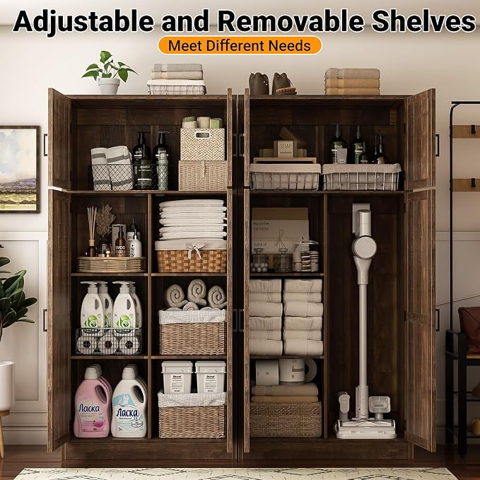 Unikito 71” Kitchen Pantry Storage Cabinet with Adjustable Shelves, 2 Pack | Large Farmhouse Storage Cupboard, Barn Doors, Sturdy and Deep, Versatile for Dinning Room, Living Room, Weathered Brown