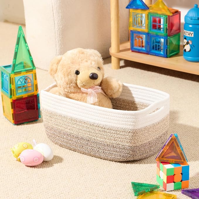 MiniArk Small Storage Baskets for Organizing | Closet Organizer Bins | Shelf Toy Basket | Woven Rope Baskets | Cube Decorative Box | Shallow Basket | 13x8.5x5.1” | 3 Packs Gradient Brown