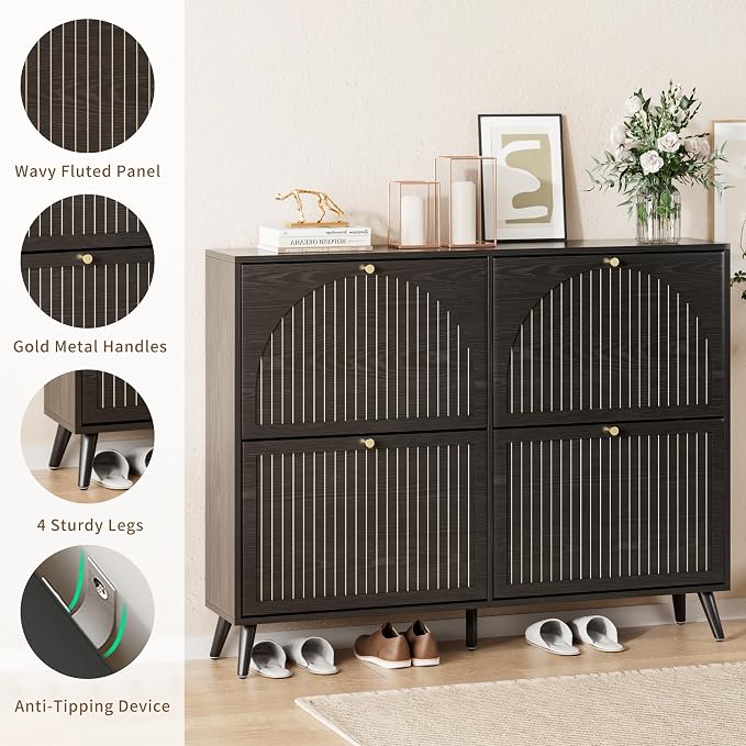 Fsbecl Shoe Storage Cabinet for Entryway with 4 Fluted Flip Drawers, Black | Narrow Design, Freestanding Shoe Rack with Adjustment Shelves, Wooden Hidden Organizer for Hallway Foyer, 16-24 Pairs