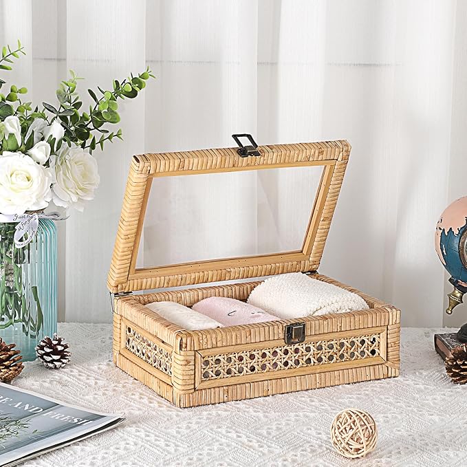 Hipiwe Rattan Display Box with Clear Lid Rectangular Wicker Storage Basket | Handwoven Natural Rattan Decorative Box with Metal Secure Latch, Small Shelf Organizer Basket Bin for Snacks Remotes