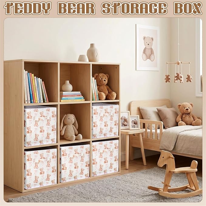 6 Pcs Pink Bow Teddy Bear Cube Storage Bins 11 Inch Storage Basket with Handle, Preppy Girls Organizer Basket, Collapsible Fabric Box for Classroom Bedrooms Office Home Decoration Gift