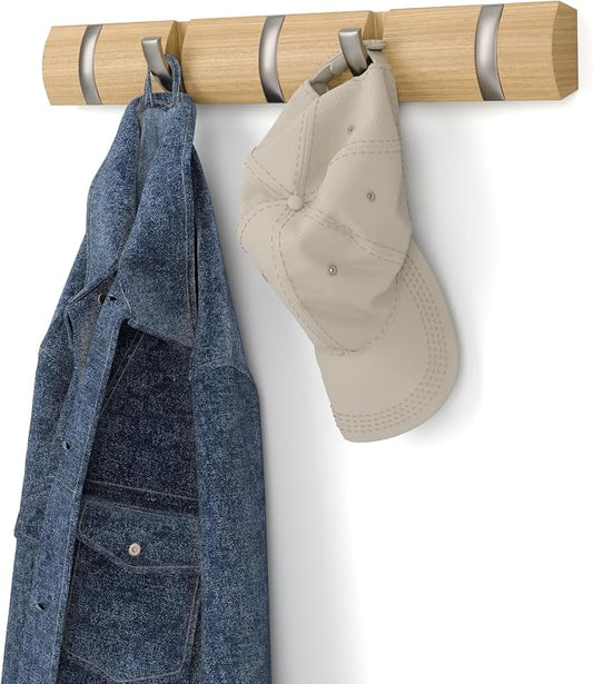 Umbra Flip 5 Wall Mounted Hook | Real wood and steel build, retractable hooks fold flat, holds coats bags and scarves, easy install