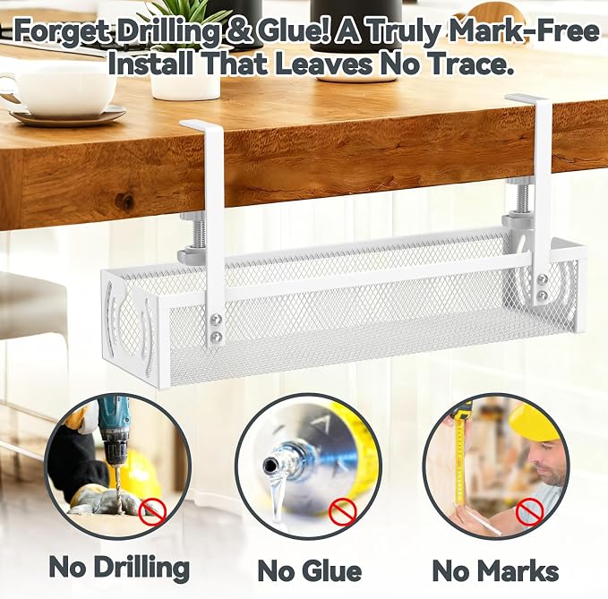 Cable Management, 15'' Under Desk Cable Management Tray No Drill | Metal Cable Organizer with Clamp for Wire Management, Cord Organizer for Home Office, Desk Accessories Organizer, White