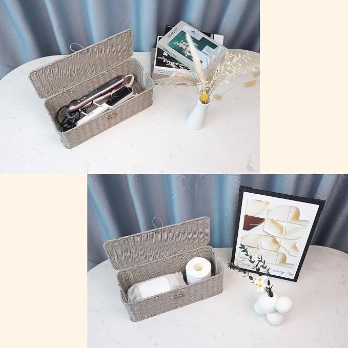 BROWNLILY Cable Management Box, Rattan Style Cord Organizer for Desk Cord Hider Outlet Covers for Power Strip TV PC Router Charger Under Desk Storage with Lockable Lid and Cable Ties