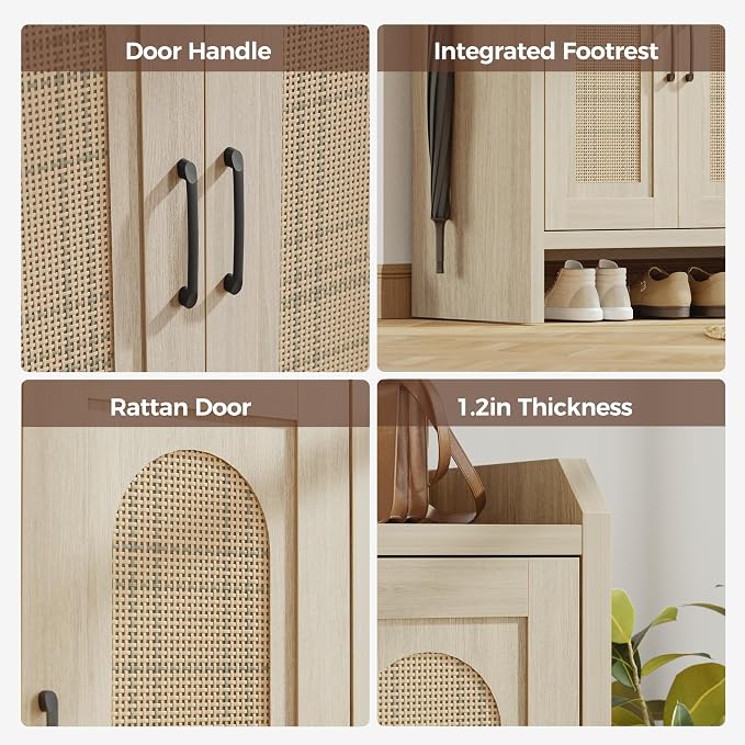 Rattan Shoe Storage Cabinet, Farmhouse Shoe Cabinets Storage for Entryway, Boho Wooden Shoe Rack with 3 Doors for Entryway, Hallway (Oak, 3 Door)