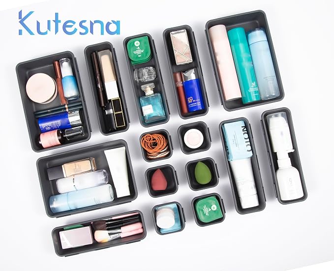 Kutesna 15PCS Interlocking Drawer Organizer, Plastic Desk Organizers Set | 3-Size Versatile Storage Bins,BPA-free, Non-slip, Fits Any Drawer for Cosmetics, Bathroom, Tools, Kitchen and Office