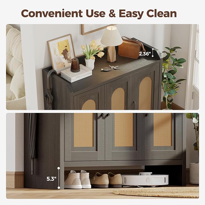 Rattan Shoe Storage Cabinet, Farmhouse Shoe Cabinets Storage for Entryway, Boho Wooden Shoe Rack with 3 Doors for Entryway, Hallway (Black, 3 Door)
