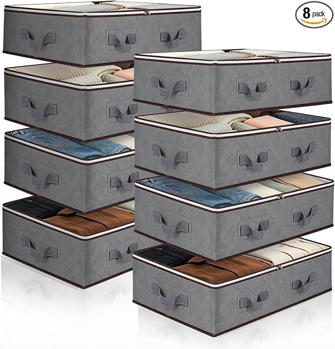 Pterying 8Pack Under Bed Storage Bags, Closet Organizers and Storage Bins with Clear Window & Reinforced Handle for Clothing, Sweater, Comforter, Blankets, Bedding | Underbed Storage Bins with Reinforced Handles, Dual-Zipper for Clothes, Comforters, Bl...