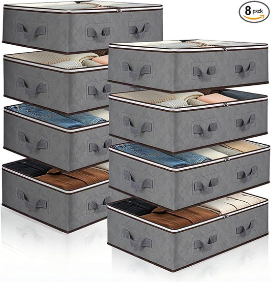 Pterying 8Pack Under Bed Storage Bags, Closet Organizers and Storage Bins with Clear Window & Reinforced Handle for Clothing, Sweater, Comforter, Blankets, Bedding | Underbed Storage Bins with Reinforced Handles, Dual-Zipper for Clothes, Comforters, Bl...