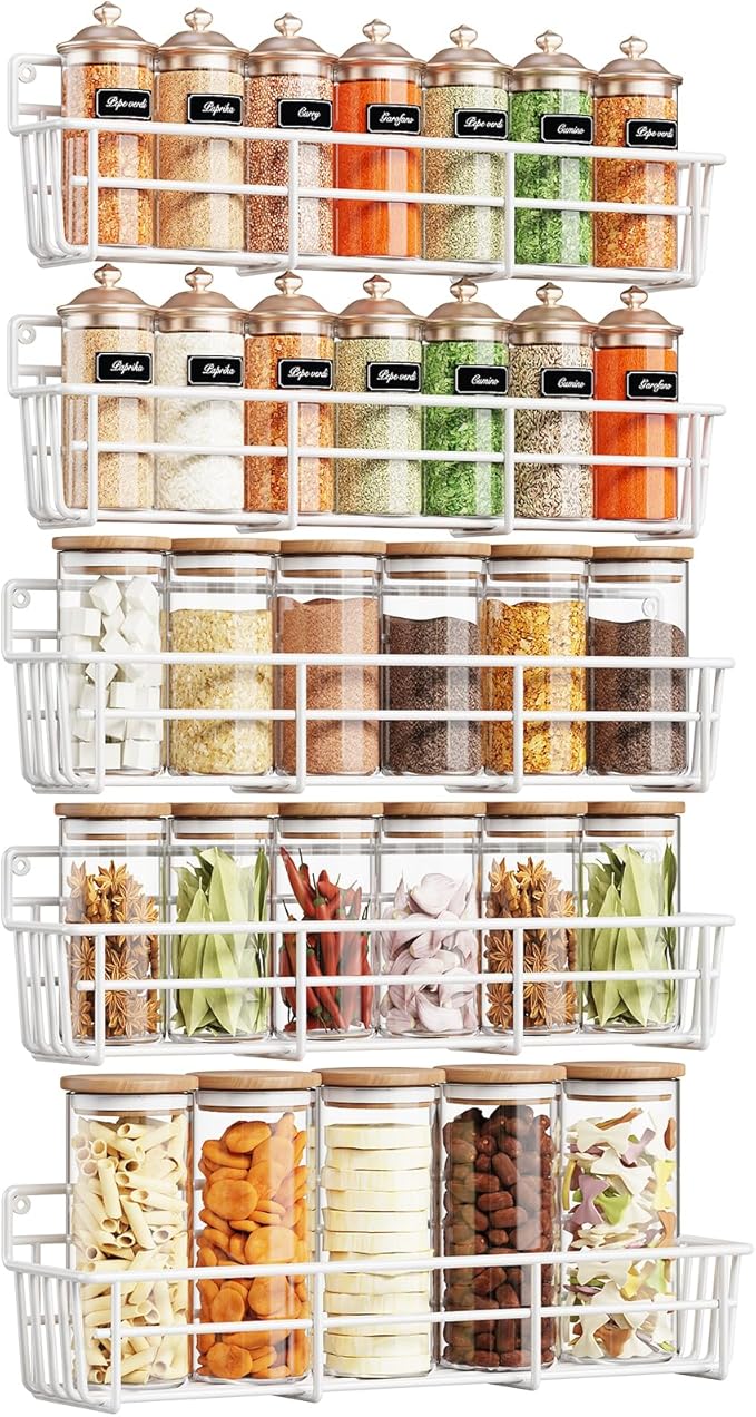 Mystozer 5 Pack Spice Rack Seasoning Organizer Wall Mount, Kitchen Organization Kitchen Storage Spice Shelf Screw or Adhesive Hanging Shelf Basket Spice Organizer Shelf for Kitchen, Pantry (White)