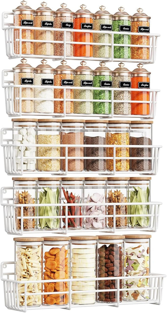 Mystozer 5 Pack Spice Rack Seasoning Organizer Wall Mount, Kitchen Organization Kitchen Storage Spice Shelf Screw or Adhesive Hanging Shelf Basket Spice Organizer Shelf for Kitchen, Pantry (White)