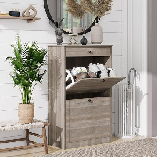 Shoe Cabinet with 2 Flip Drawers, Freestanding Shoe Storage Organizer | Narrow Shoe Rack with Drawers, Slim Shoe Cabinet for Entryway, Closet, Hallway, Living Room, Rustic Gray
