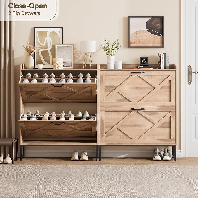 Nicetree Shoe Storage Cabinet with 2 Flip Drawers, Entryway Organizer, Oak | Slim Shoe Cabinet with Metal Legs, Narrow Farmhouse Shoe Organizer for Entryway, Foyer, Hallway, Wood Shoe Rack with Hook